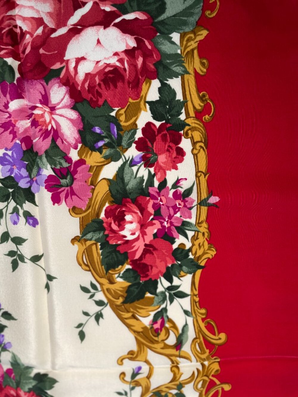Yves Saint Laurent Silk Scarf Red Floral Baroque Frame Square Vintage YSL - Picture 9 of 15